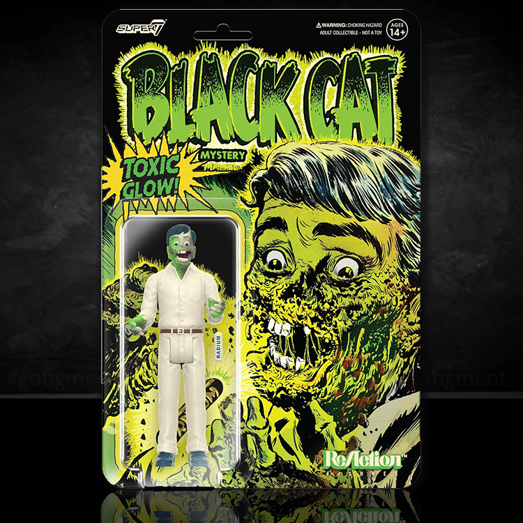 Super7 Black Cat Toxic Glow action figure in white outfit with zombie-like glowing green face on vintage comic cardback