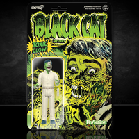 Super7 Black Cat Toxic Glow action figure in white outfit with zombie-like glowing green face on vintage comic cardback