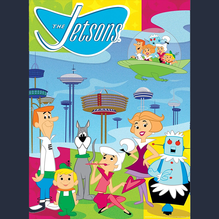 Master Pieces Hanna Barbera The Jetsons colorful puzzle box art featuring family characters and futuristic cityscape design