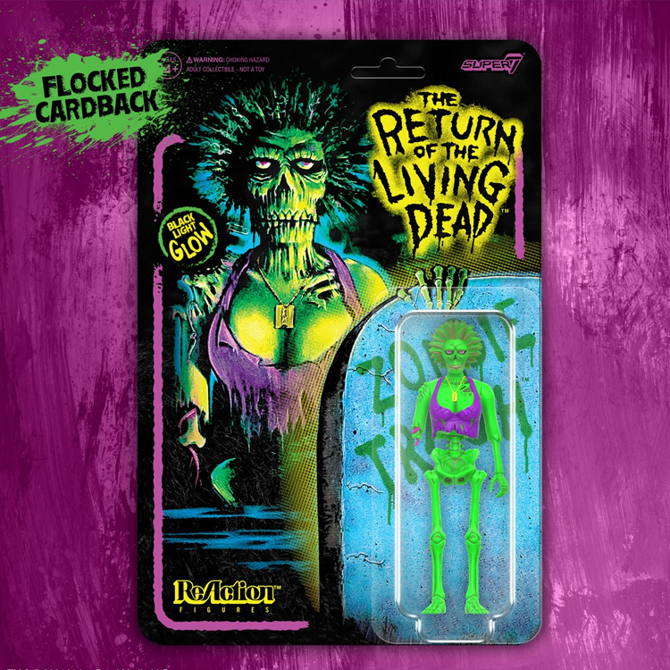 Super7 Blacklight Female Zombie Return of the Living Dead action figure in blister pack with flocked cardback and glowing details