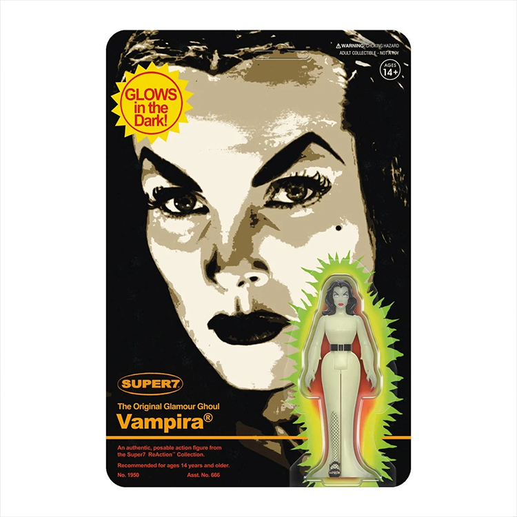 Super7 Vampira ReAction 3.75-inch glow-in-the-dark action figure in vintage style packaging