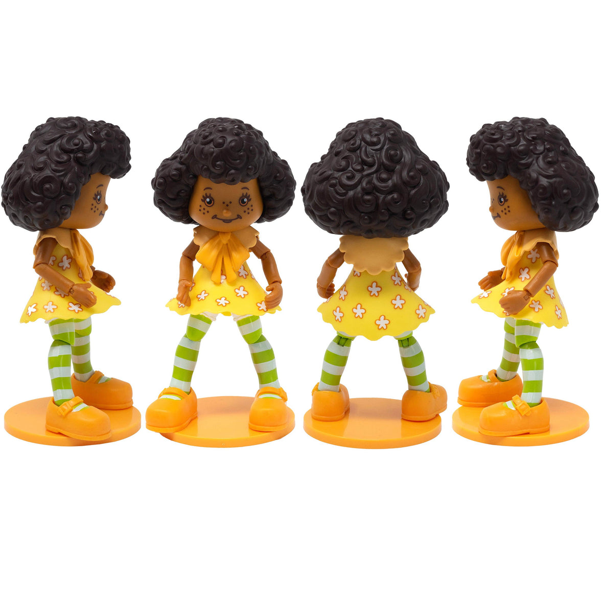 Boss Fight Studio Llc Orange Blossom figure with curly hair, yellow floral dress, green striped tights, and orange shoes on display stands