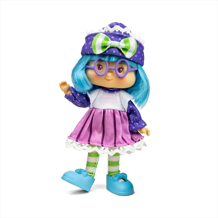 Loyal Subjects Strawberry Shortcake Plum Pudding doll with blue hair purple hat glasses and pink dress on white background
