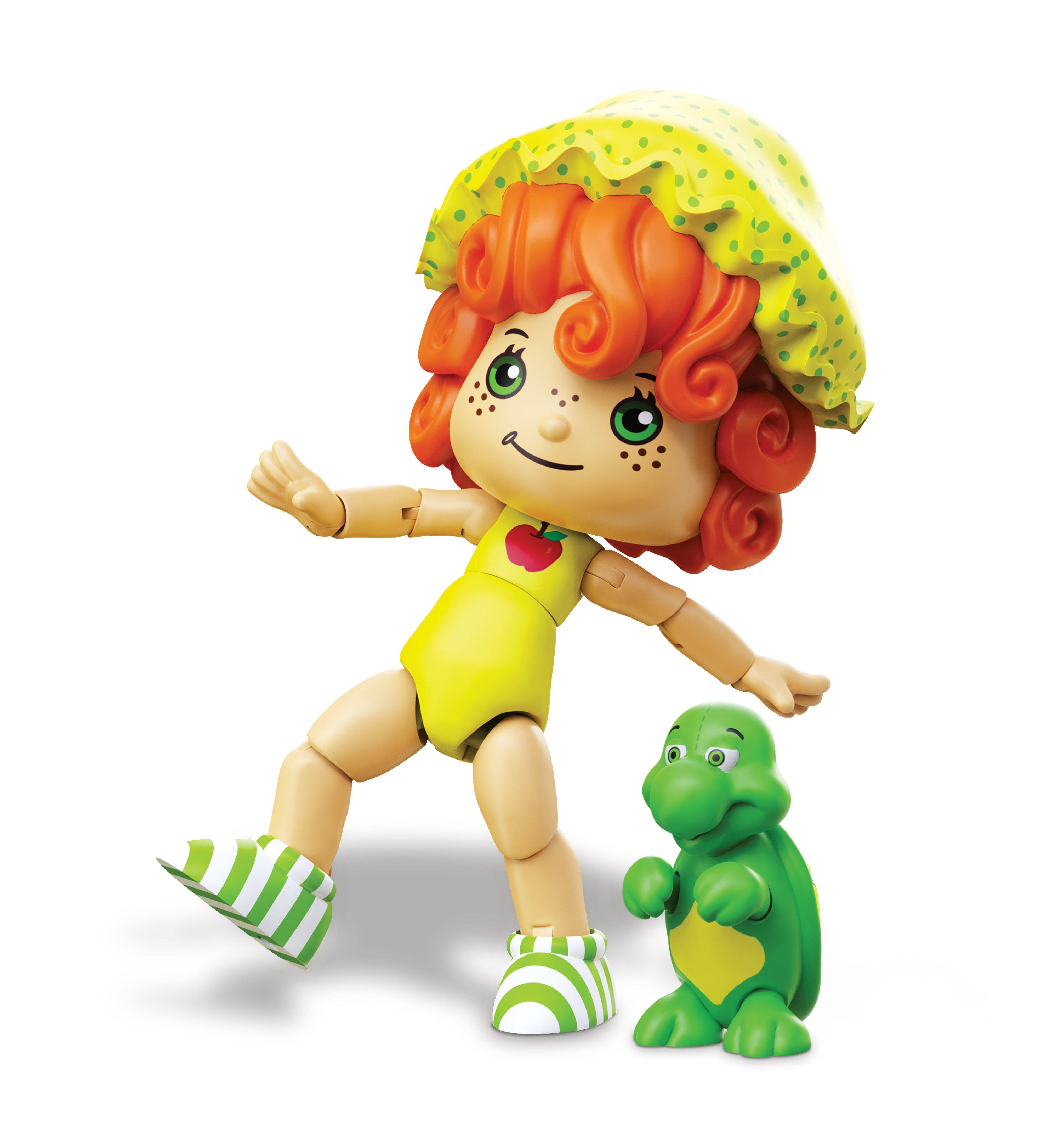Boss Fight Studio Llc Apple Dumplin articulated figure with curly red hair, yellow bonnet, green striped shoes, and green dinosaur accessory