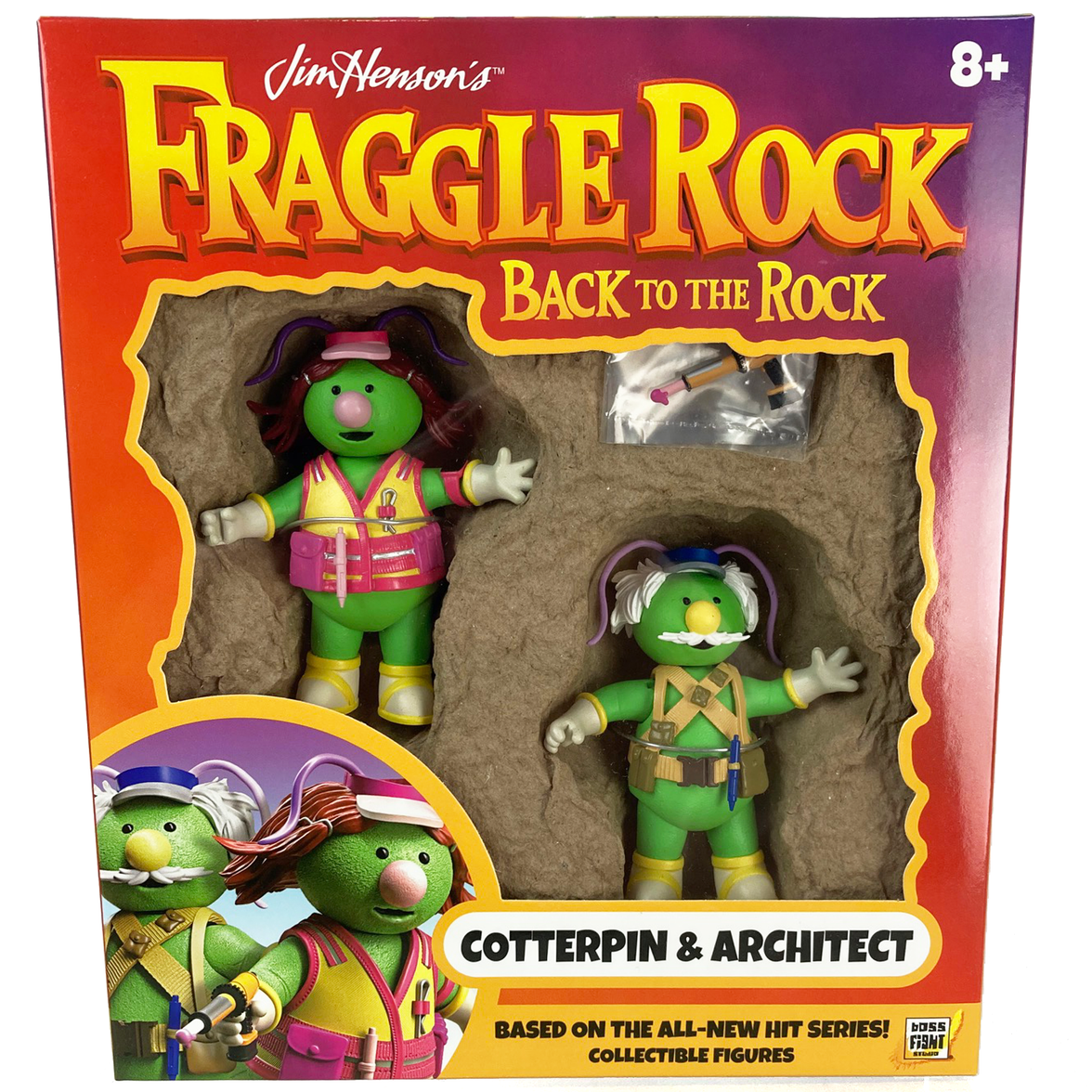 Boss Fight Studio Llc Fraggle Rock Cotterpin and Architect figures in detailed packaging with accessories on display