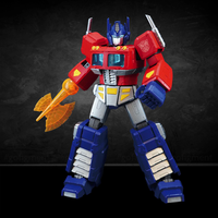 Blokees Hasbro Transformers G1 Optimus Prime action figure holding translucent orange axe on dark background