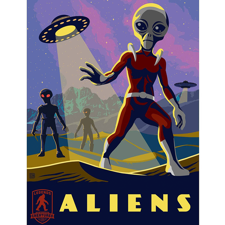 Master Pieces Aliens vintage sci-fi puzzle artwork with three aliens and UFOs under starry purple sky background