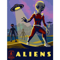 Master Pieces Aliens vintage sci-fi puzzle artwork with three aliens and UFOs under starry purple sky background