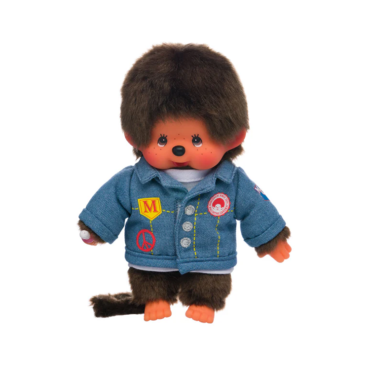 Official Sekiguchi 8-inch Monchhichi Boy doll wearing a miniature blue denim jacket, often searched as a Monchichi jean jacket plush.