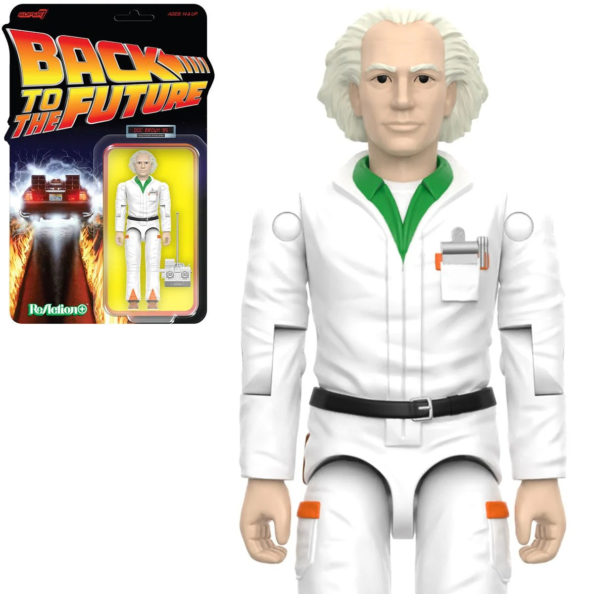 Super7 Back To The Future Doc Brown 1985 figure in white jumpsuit with green collar and handheld device accessory