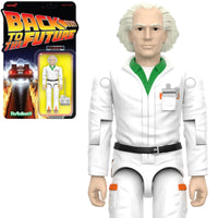 Super7 Back To The Future Doc Brown 1985 figure in white jumpsuit with green collar and handheld device accessory