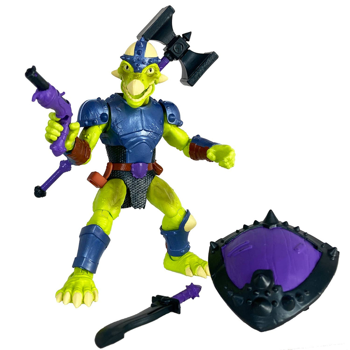 Articulated dinosaur warrior toy Seph Rasan in a charging pose with flintlock blaster and sword. Vibrant lime-green dinosaur soldier from the Saurozoic Warriors series.
