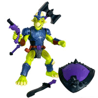 Articulated dinosaur warrior toy Seph Rasan in a charging pose with flintlock blaster and sword. Vibrant lime-green dinosaur soldier from the Saurozoic Warriors series.