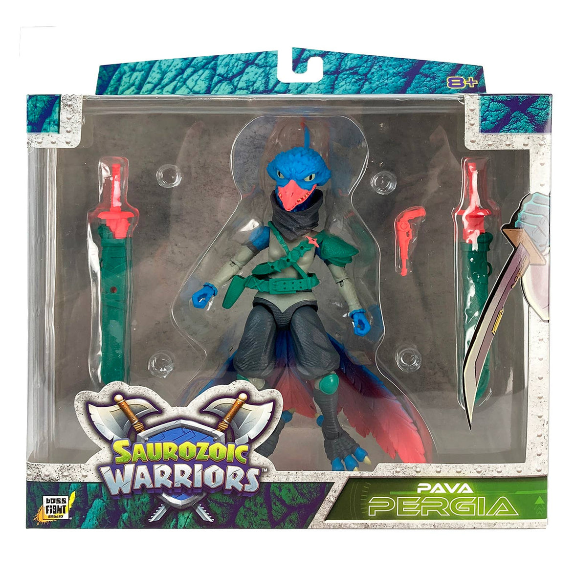 Pava Pergia Saurozoic Warriors action figure, a 6-inch scale Ninja Archaeopteryx. This feathered dinosaur warrior features teal and grey plumage, a black ninja mask, and holds two red tech-swords. 1:12 scale collectible from Boss Fight Studio