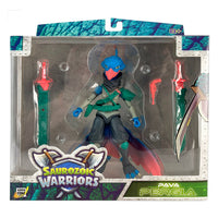 Pava Pergia Saurozoic Warriors action figure, a 6-inch scale Ninja Archaeopteryx. This feathered dinosaur warrior features teal and grey plumage, a black ninja mask, and holds two red tech-swords. 1:12 scale collectible from Boss Fight Studio