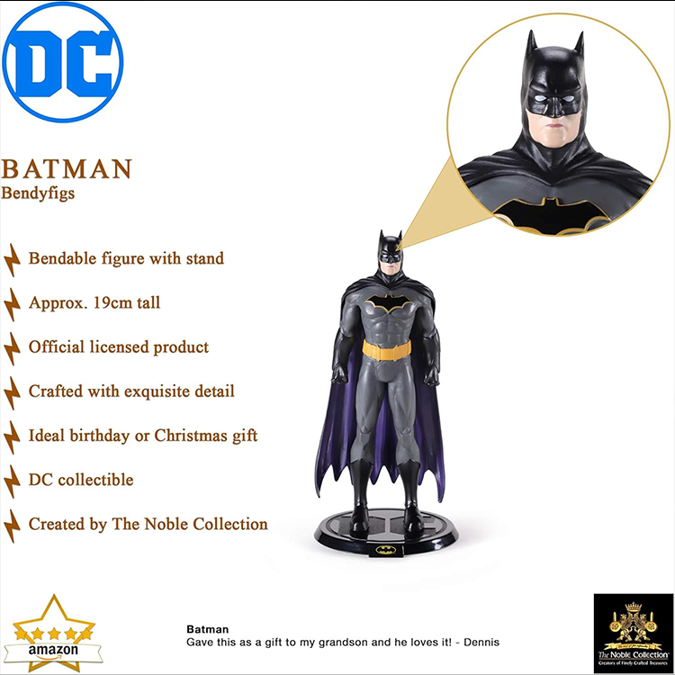The Noble Collection bendable Batman figure with stand approx 19cm tall in black and grey costume close-up face detail