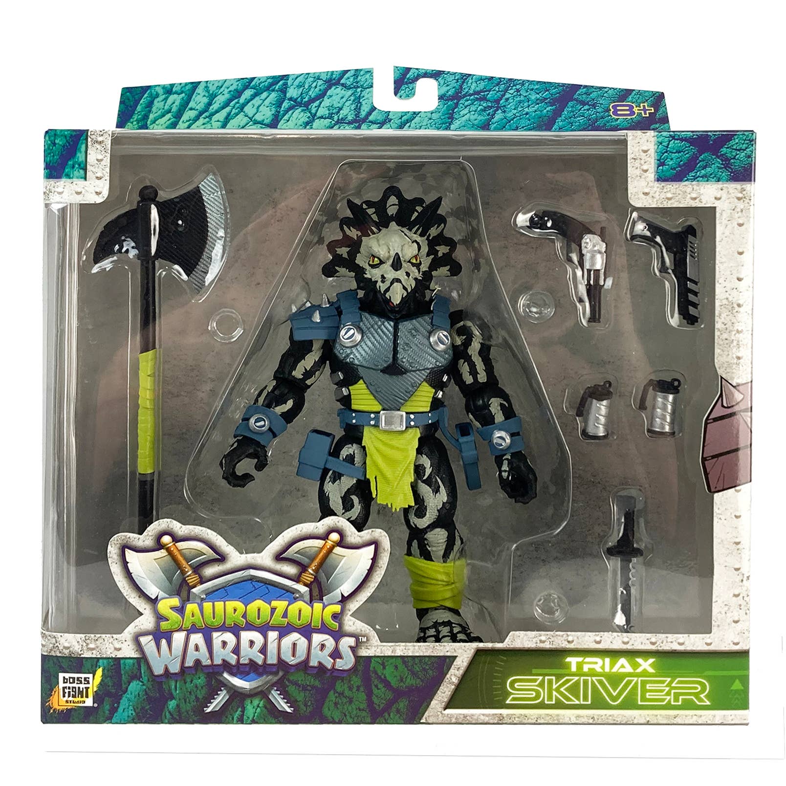 Triax Skiver Night Lands Edition action figure, a 1/12 scale Styracosaurus-inspired warrior in glow-in-the-dark green and black camo. Part of the Saurozoic Warriors collection, featuring a halberd axe, blaster pistols, and smoke grenades.