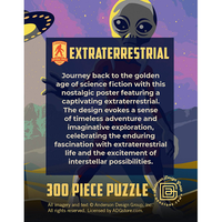 Master Pieces 300-piece puzzle box showing vintage sci-fi alien poster with extraterrestrial and space exploration theme