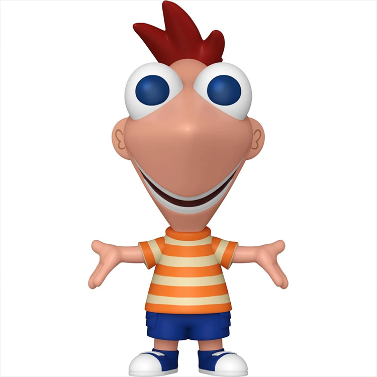 Funko Pop vinyl figure of Phineas from Phineas and Ferb wearing striped shirt and blue shorts on white background