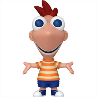 Funko Pop vinyl figure of Phineas from Phineas and Ferb wearing striped shirt and blue shorts on white background