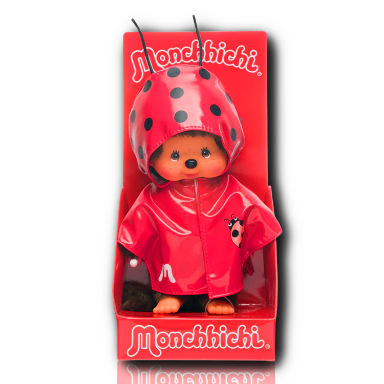 Official Sekiguchi 8-inch Monchhichi Girl doll in a Ladybug coat costume, often searched as a Monchichi ladybug plush.