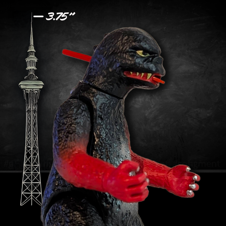 Super7 Vintage 70's Godzilla action figure 3.75 inches tall with black body and red arms close-up side view