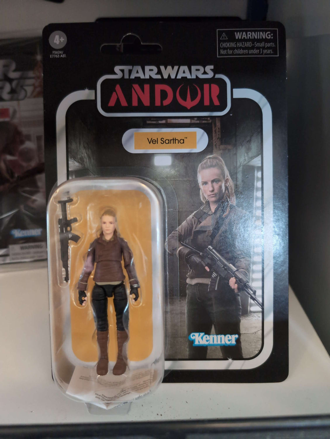 Vel Sartha Star Wars Andor Vintage Collection action figure with weapon in packaging by Hasbro.