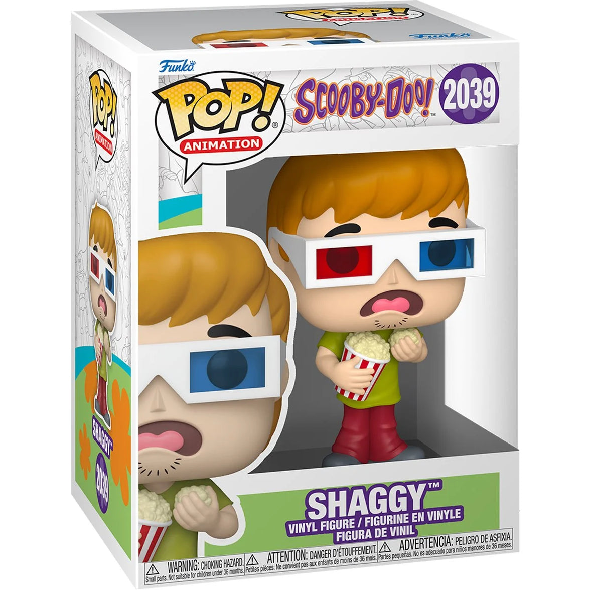 Scooby-Doo Shaggy Funko Pop vinyl figure #2039 holding popcorn wearing 3D glasses in original packaging