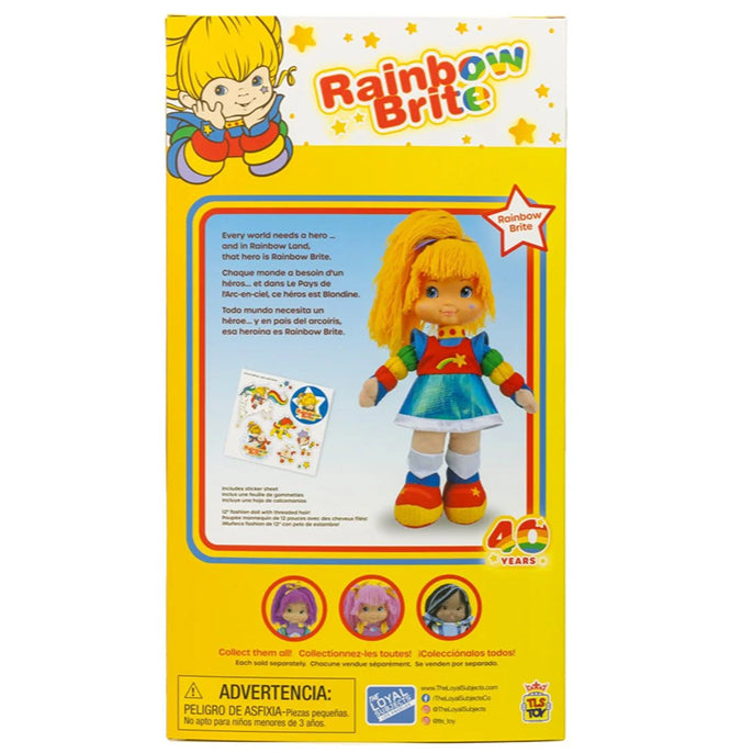 Rainbow Brite 12-inch plush doll in colorful outfit displayed on yellow 40th anniversary box by The Loyal Subjects