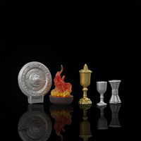 Close-up of Hasbro Indiana Jones Holy Grail Knights Table artifact pieces including shield, flame, and goblets on black background