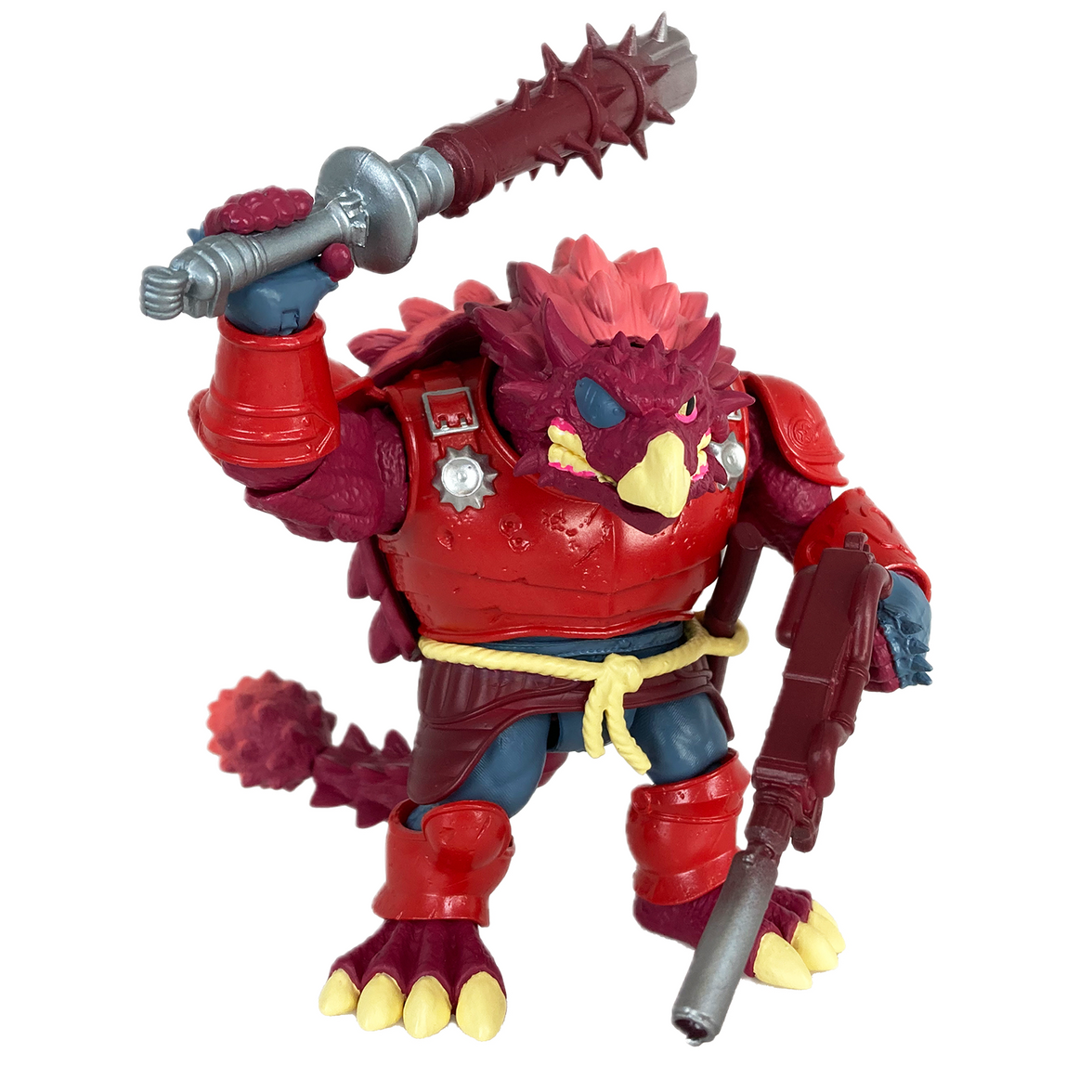 Staze Akiden Saurozoic Warriors action figure, a 1/12 scale Samurai Ankylosaur. The maroon-armored dinosaur warrior is shown in a Ronin-inspired outfit holding a large spiked club. 6-inch scale collectible by Boss Fight Studio.