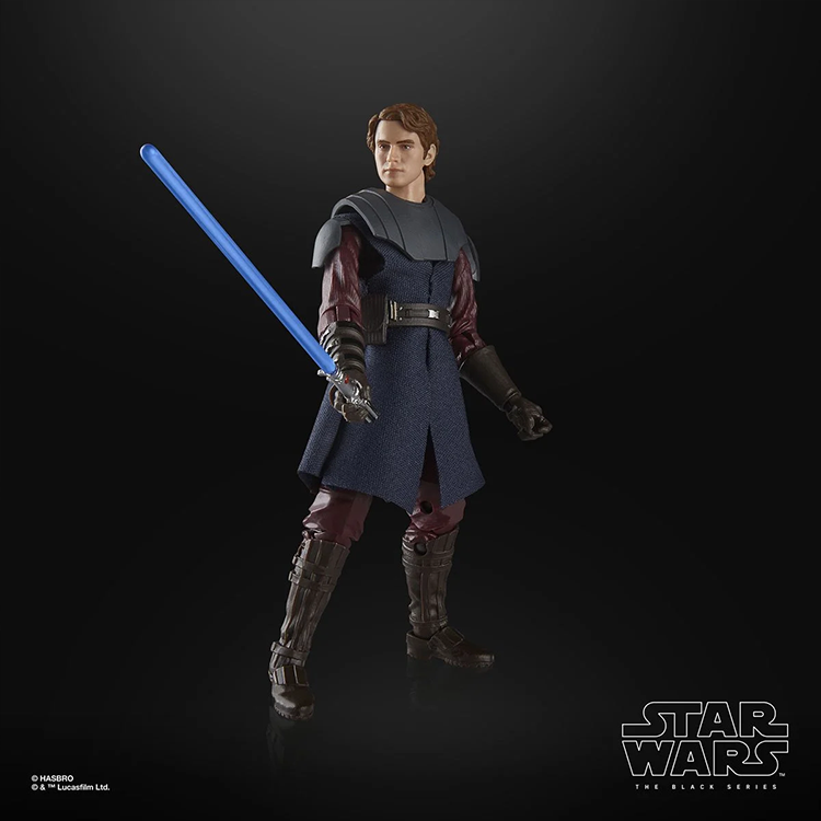 Hasbro Star Wars Black Series Anakin Skywalker action figure holding blue lightsaber on black background