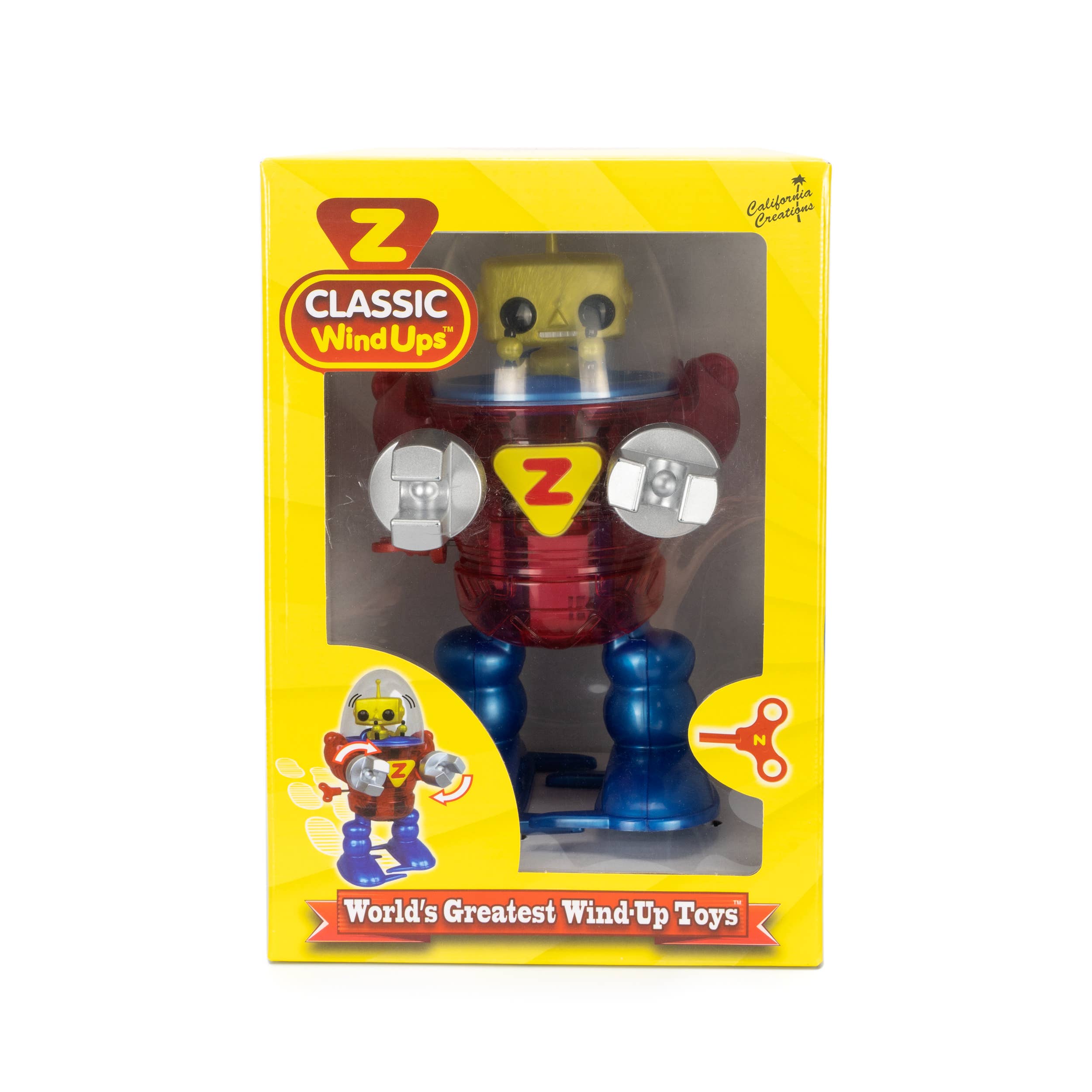 California Creations - Z Classics Robot, Merlin vintage-style red and blue wind-up toy in yellow box packaging