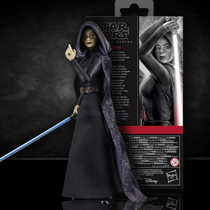 Hasbro Star Wars Black Series Barriss Offee 6-inch action figure with blue lightsaber and detailed robe in front of packaging