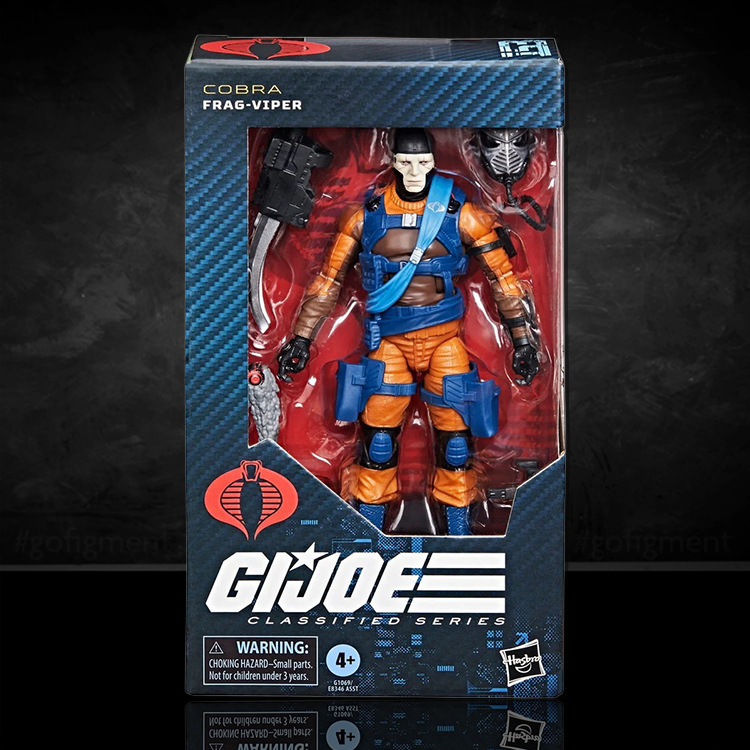 Hasbro G.I. Joe Classified Series Frag Viper 6-inch action figure in window box with accessories on black background