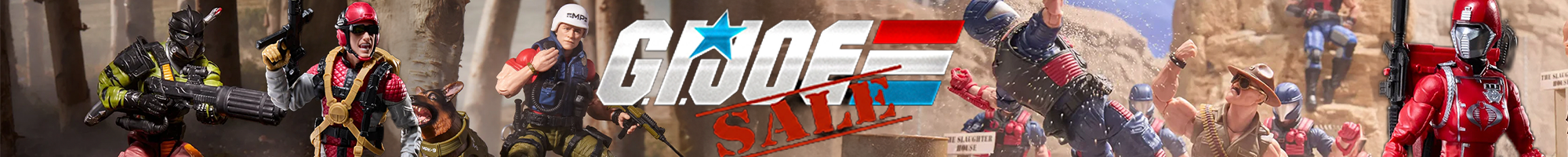 Group of detailed GI Joe figures in various action poses against a desert backdrop with a stylized GI Joe sale logo in center