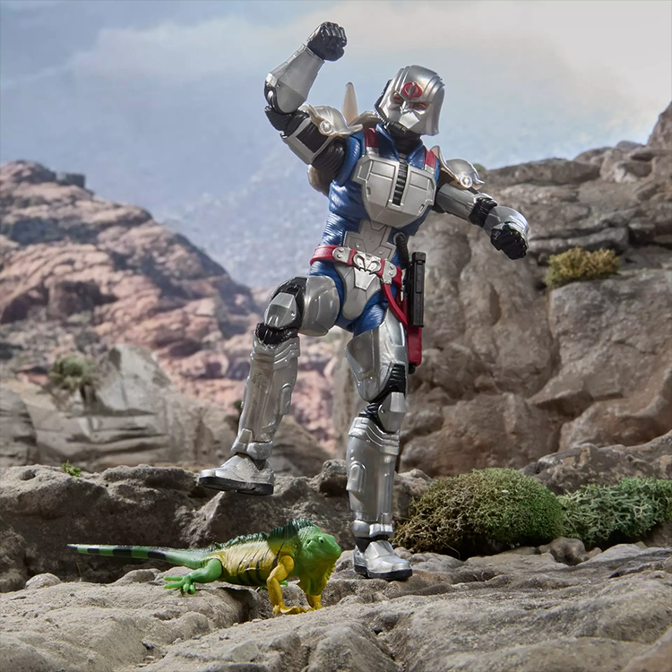 G.I. Joe Classified Series 6-inch Cobra Commander action figure in detailed combat armor with iguana accessory outdoors.