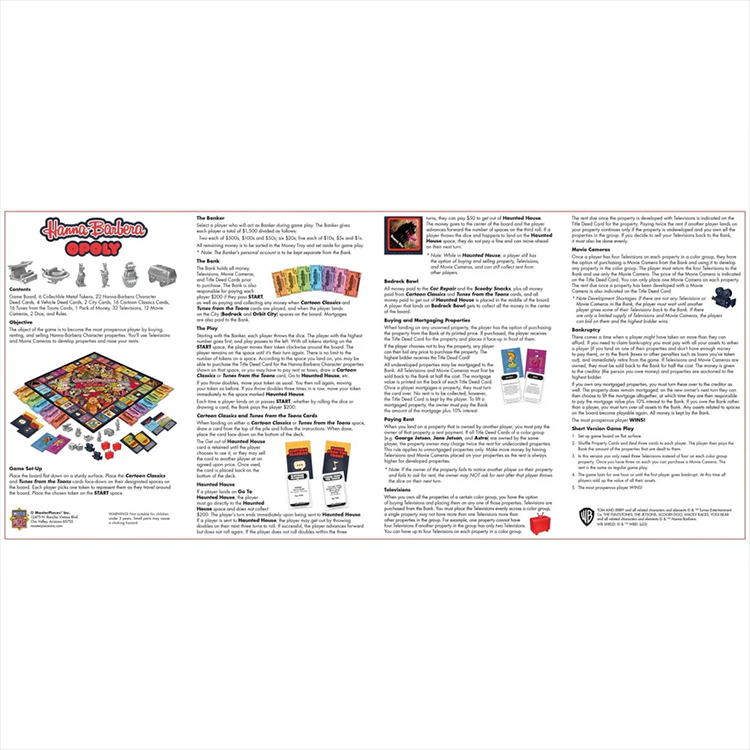 Hasbro Hanna Barbera OPOLY board game back cover with detailed rules and classic cartoon property illustrations