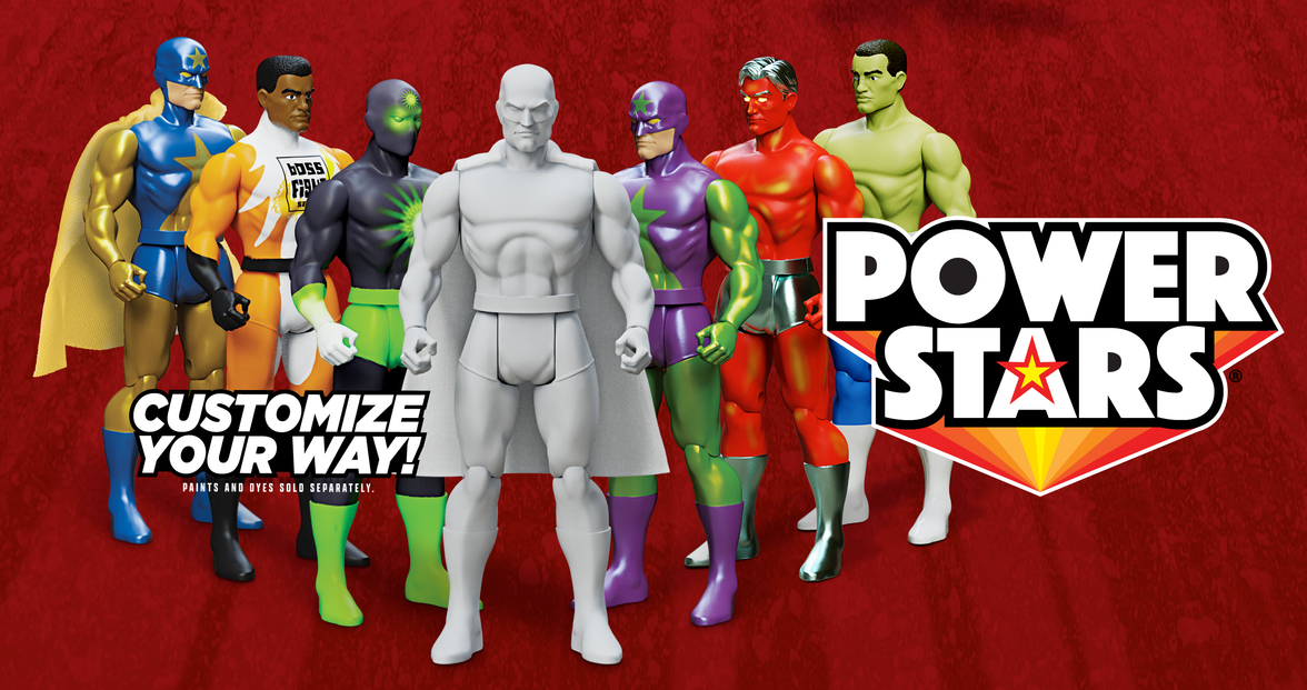 Boss Fight Studio Llc Power Stars 5-inch retro-style blank hero action figure surrounded by colorful customizable figures on red background