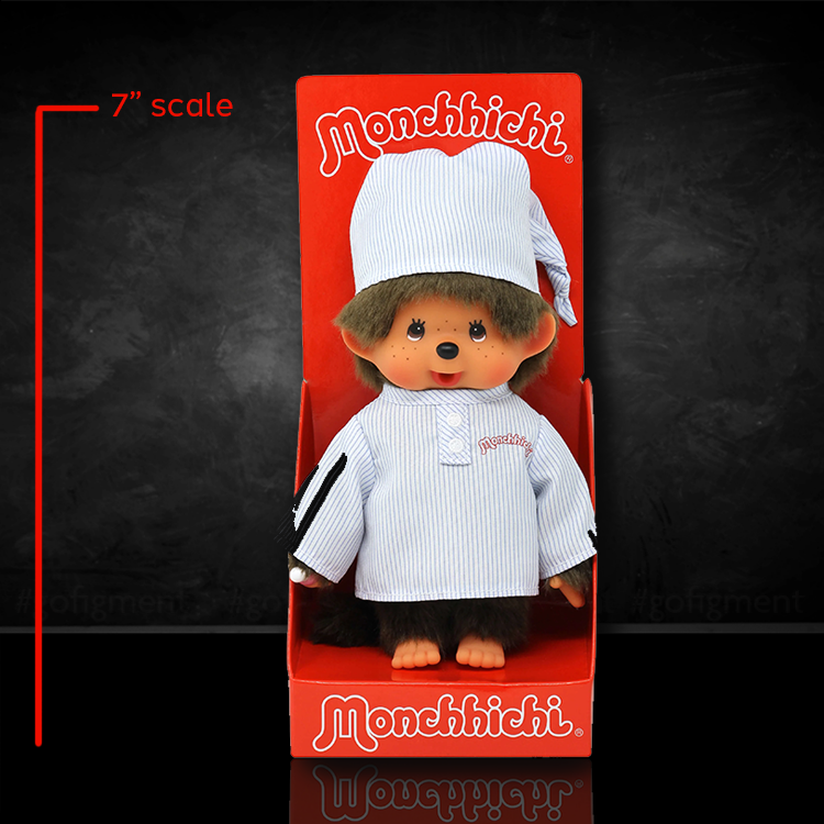 Official Sekiguchi 8-inch Monchhichi Boy doll wearing classic blue pajamas, often searched as a Monchichi pajama plush.