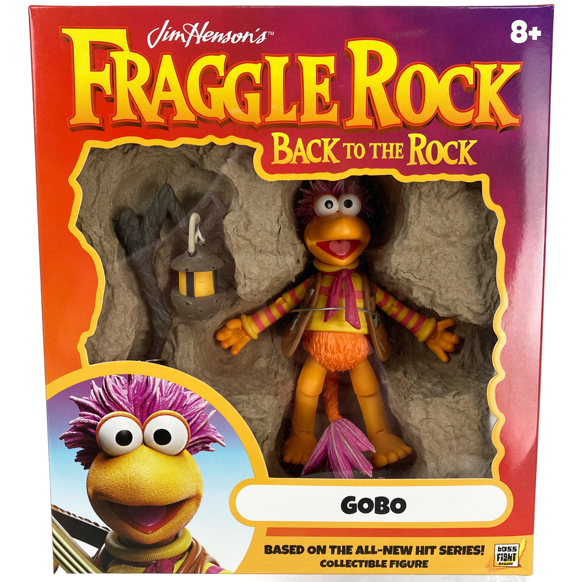 Boss Fight Studio Llc Fraggle Rock Gobo figure with backpack, lantern, striped shirt, and purple hair accessory in window box packaging