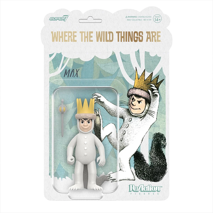 Where the Wild Things Are Max action figure in white costume with gold crown in Super7 branded packaging