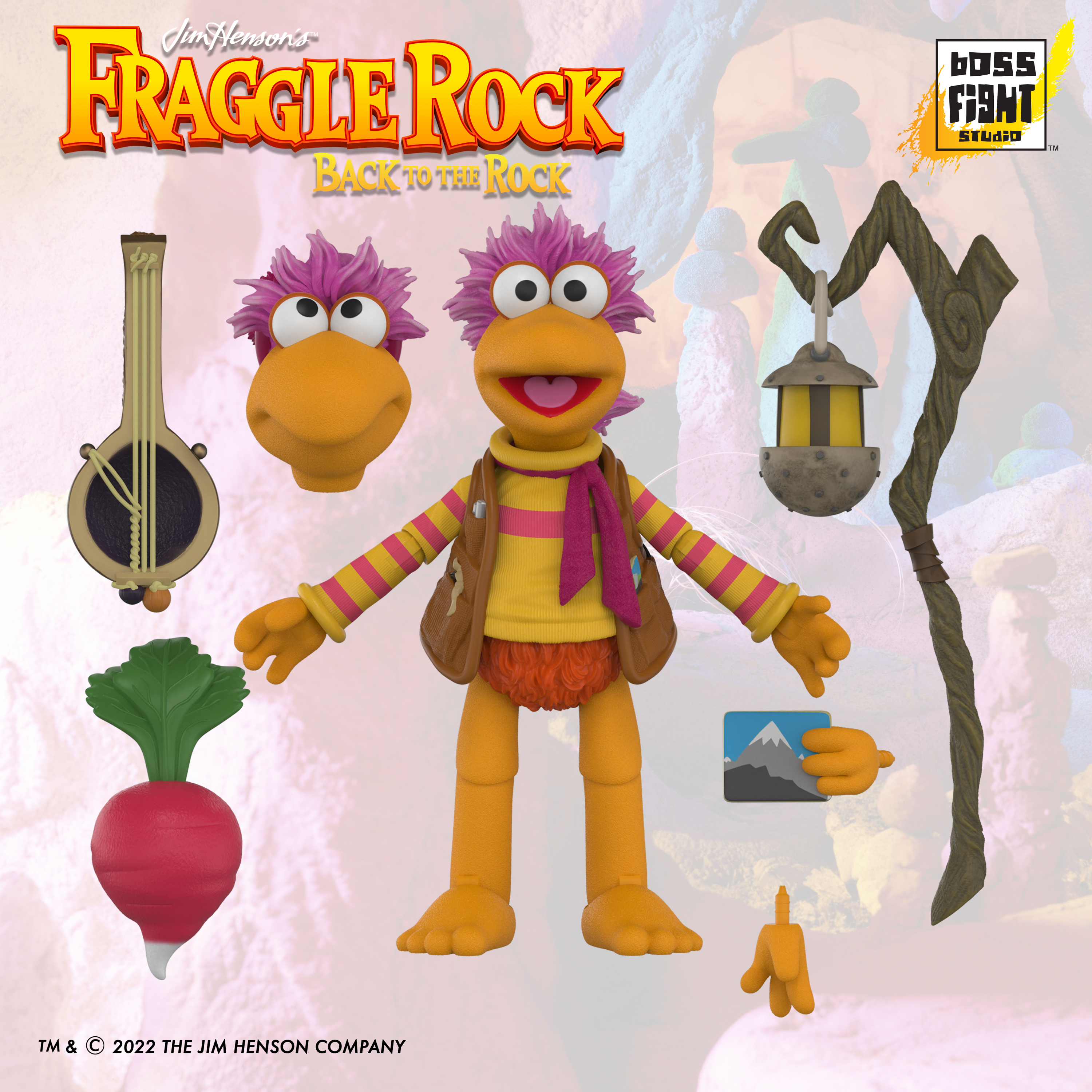 Boss Fight Studio Llc Fraggle Rock Gobo figure with purple hair, yellow shirt, vest, radish, banjo, lantern, staff, and extra hands accessory