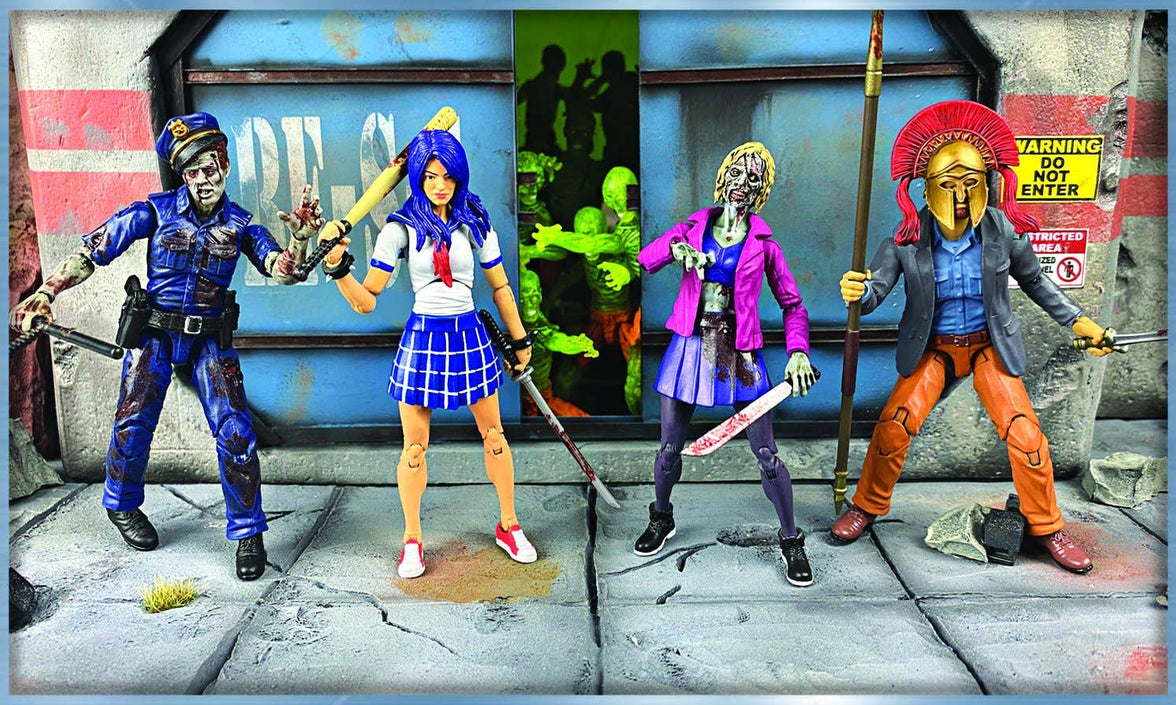 Four action figures in front of a colorful mural with a 'Do Not Enter' sign.