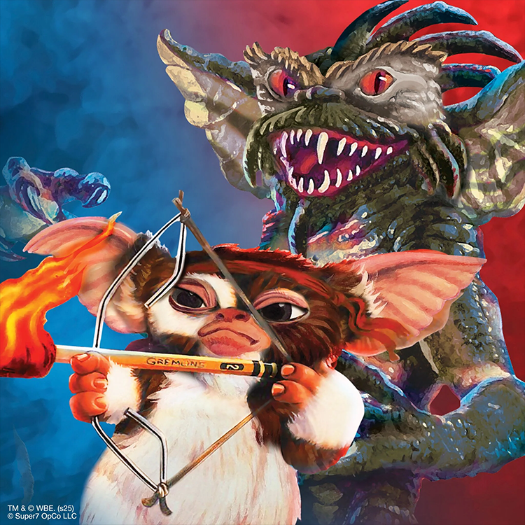 Mohawk Gremlins 2 Super7 action figure with flaming bow and detailed villain figure in background