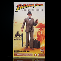 Henry Jones Sr. collectible figure from Hasbro’s Indiana Jones Adventure Series with umbrella and book accessories in packaging