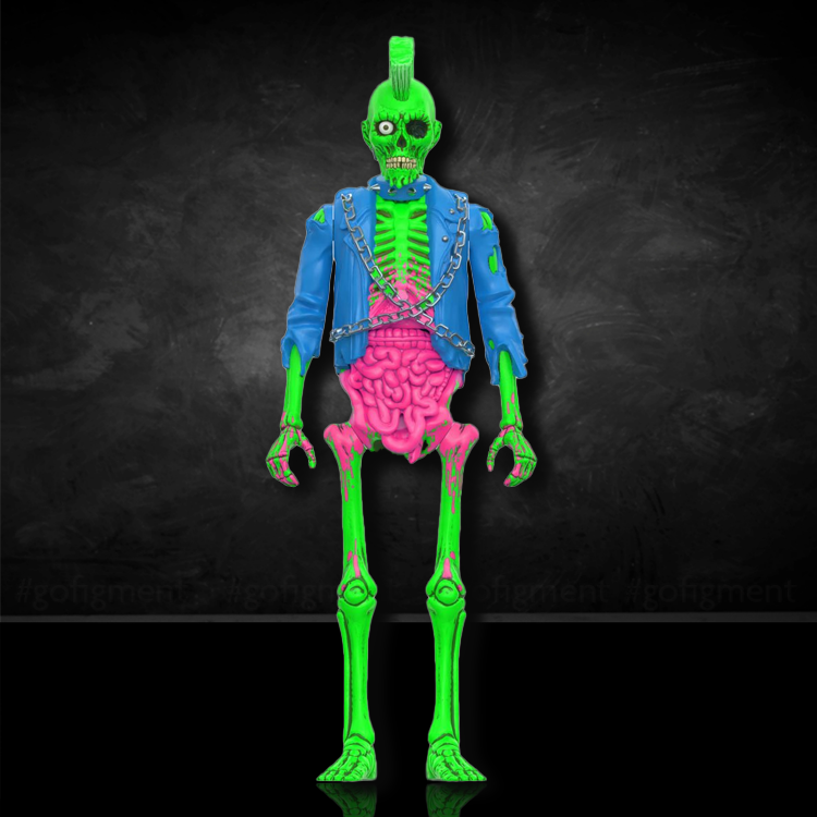 Super7 Blacklight Male Zombie ReAction Figure from Return of the Living Dead with exposed pink intestines and blue jacket