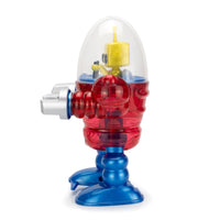 California Creations - Z Classics Robot, Merlin with translucent red body, blue legs, and yellow head under clear dome capsule