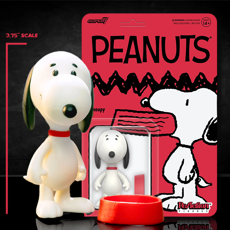 Snoopy Super7 Peanuts 3.75 inch ReAction Figure with doghouse roof accessory in red packaging background