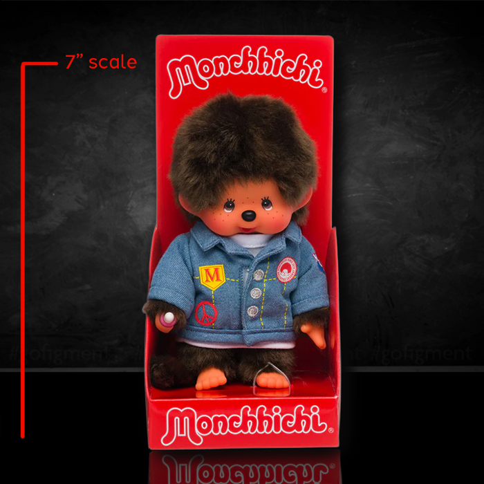 Official Sekiguchi 8-inch Monchhichi Boy doll wearing a miniature blue denim jacket, often searched as a Monchichi jean jacket plush.